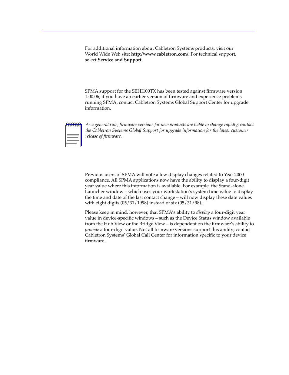 Sehi100tx firmware, Year 2000 compliance, Sehi100tx firmware -7 | Year 2000 compliance -7 | Cabletron Systems SPECTRUM SEHI100TX-22 User Manual | Page 13 / 58