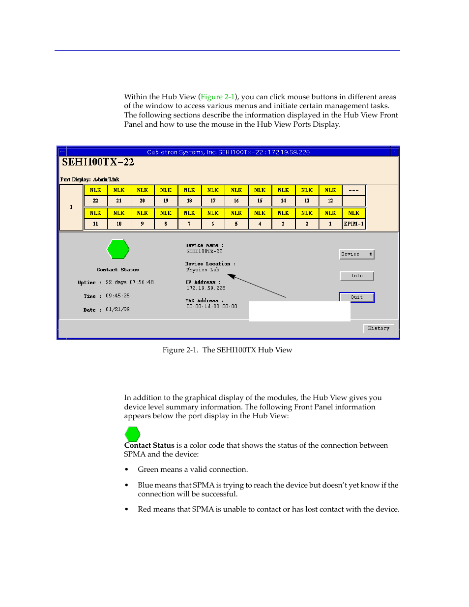 Navigating through the hub view, Hub view front panel | Cabletron Systems SPECTRUM SEHI100TX-22 User Manual | Page 16 / 58