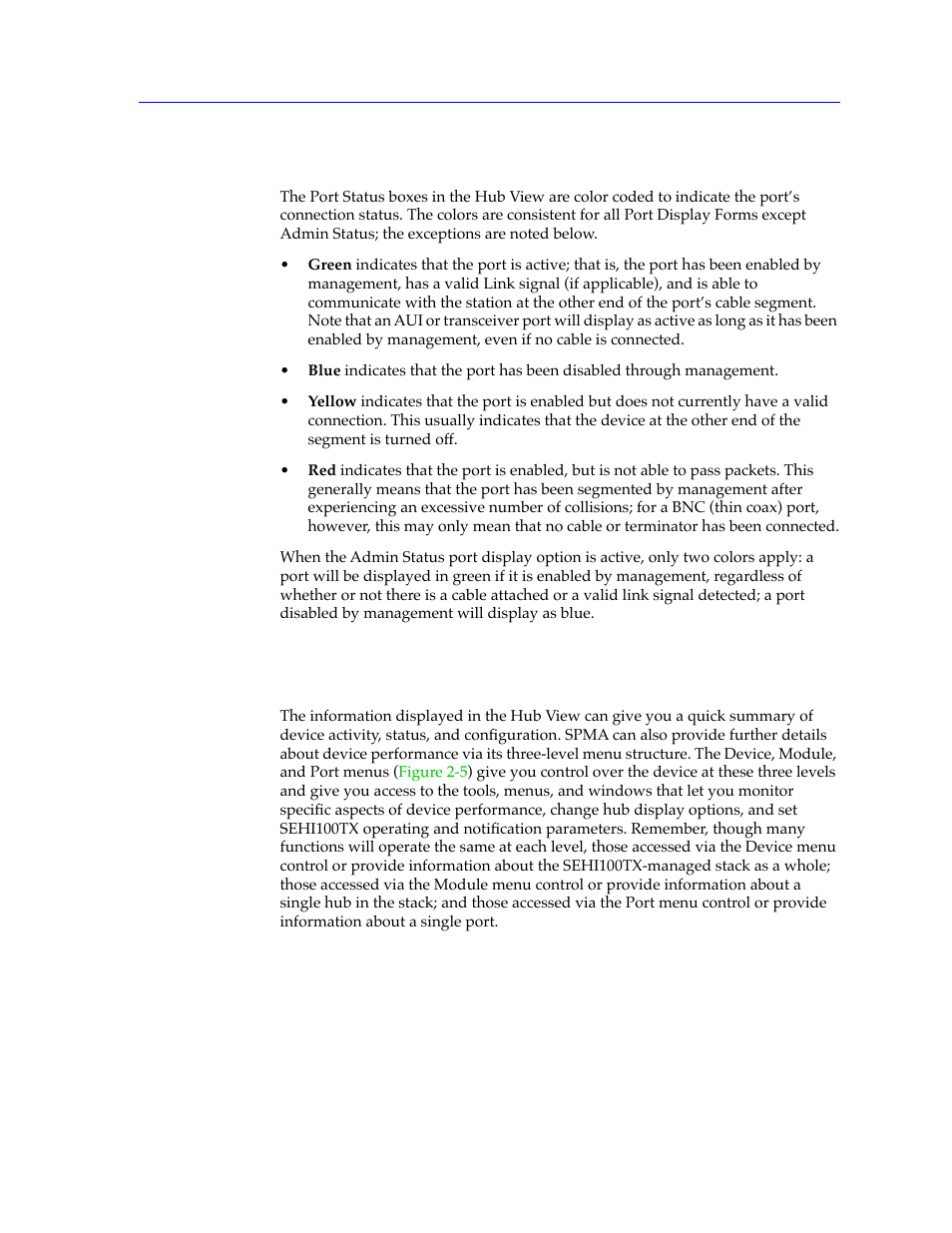 Hub view port color codes, Monitoring hub performance, Hub view port color codes -7 | Monitoring hub performance -7 | Cabletron Systems SPECTRUM SEHI100TX-22 User Manual | Page 21 / 58