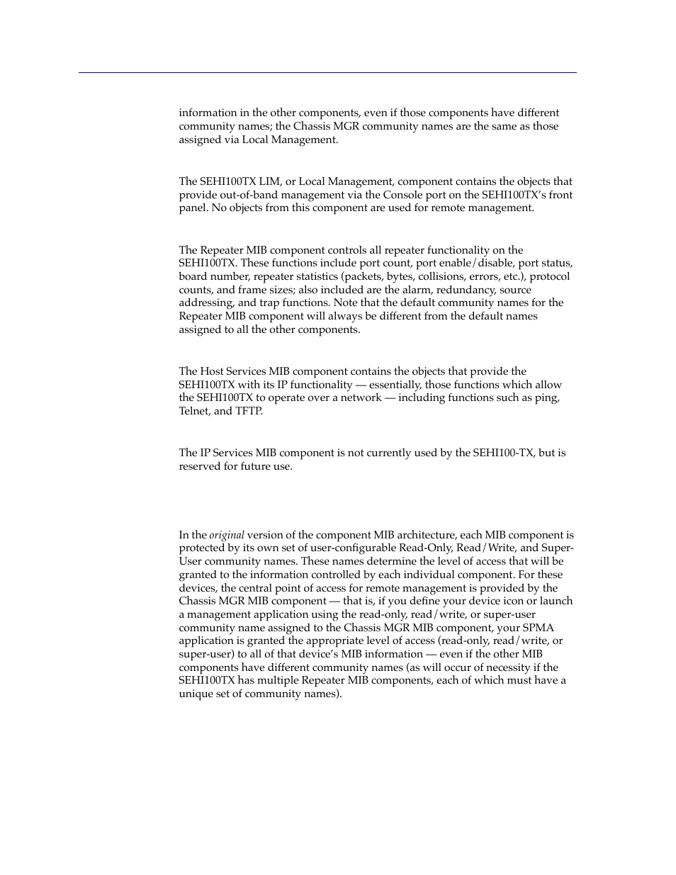 A brief word about mib components and community na | Cabletron Systems SPECTRUM SEHI100TX-22 User Manual | Page 54 / 58