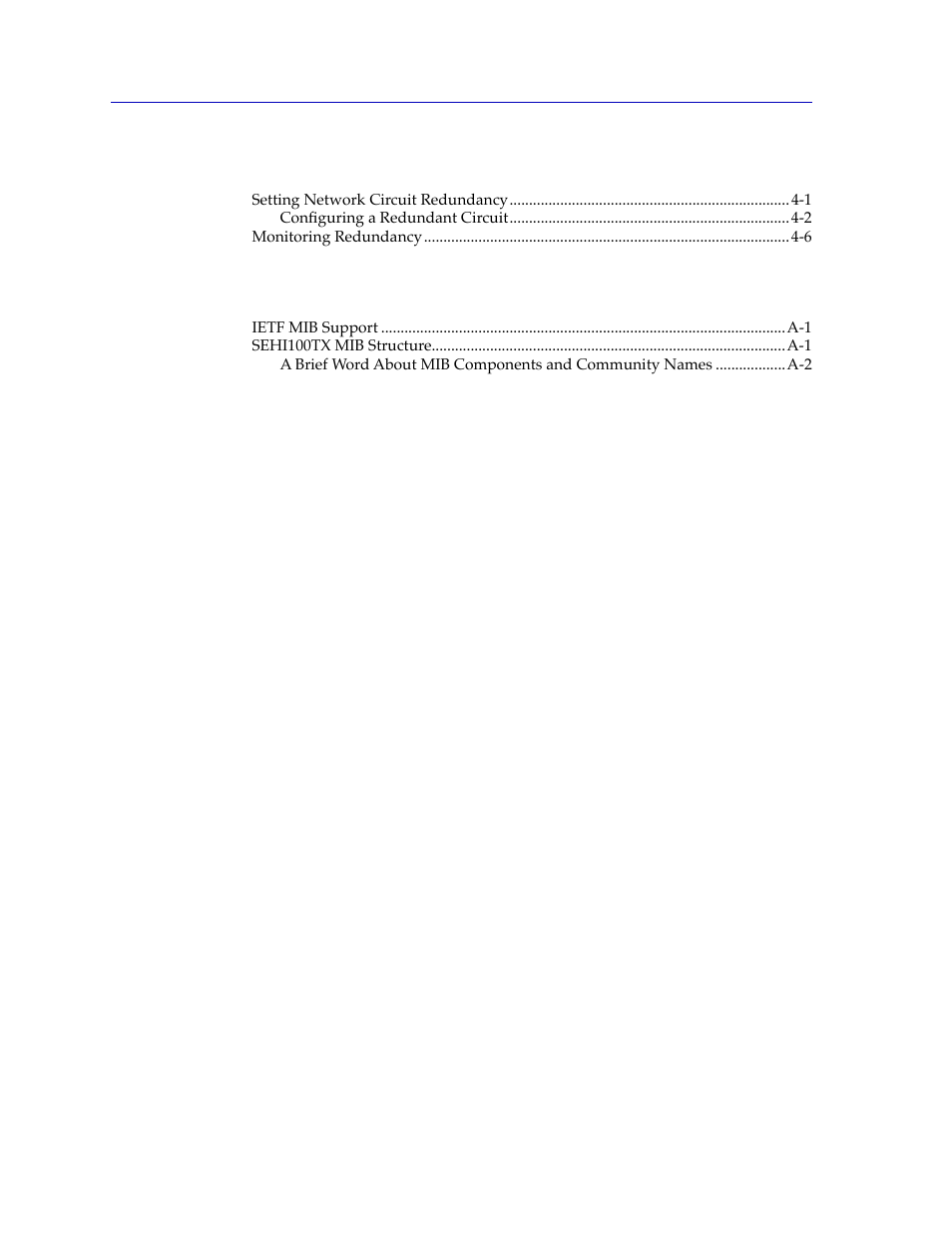 Chapter 4 repeater redundancy, Appendix a sehi100tx mib structure, Index | Cabletron Systems SPECTRUM SEHI100TX-22 User Manual | Page 6 / 58