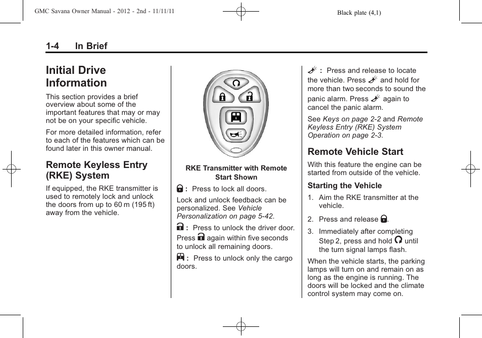 Initial drive information, Remote keyless entry (rke) system, Remote vehicle start | Initial drive information -4, Starting and operating, System -4, Remote vehicle start -4 | GMC 2012 Savana User Manual | Page 10 / 424