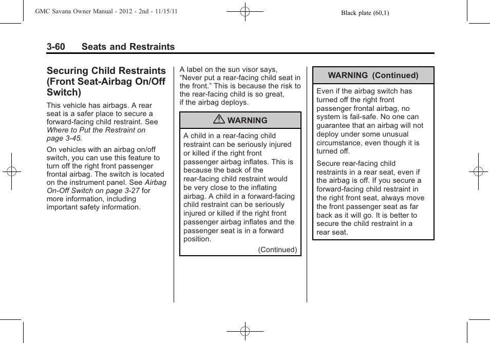 Securing child restraints, Front seat-airbag on/off switch) -60 | GMC 2012 Savana User Manual | Page 108 / 424