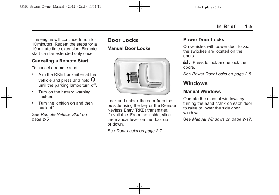 Door locks, Windows, Door locks -5 windows -5 | Engine | GMC 2012 Savana User Manual | Page 11 / 424