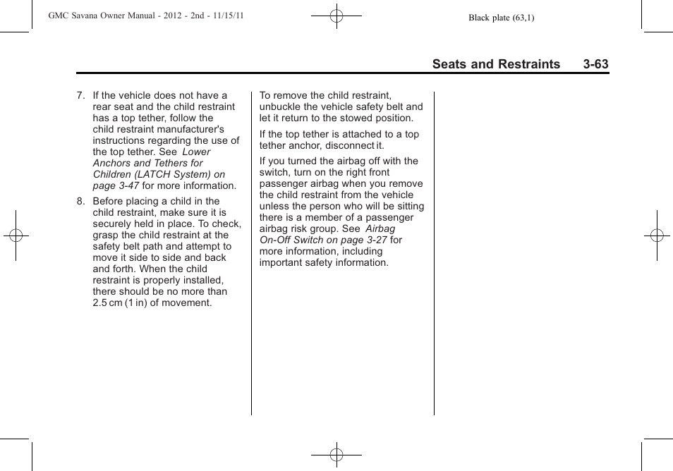 Seats and restraints 3-63 | GMC 2012 Savana User Manual | Page 111 / 424