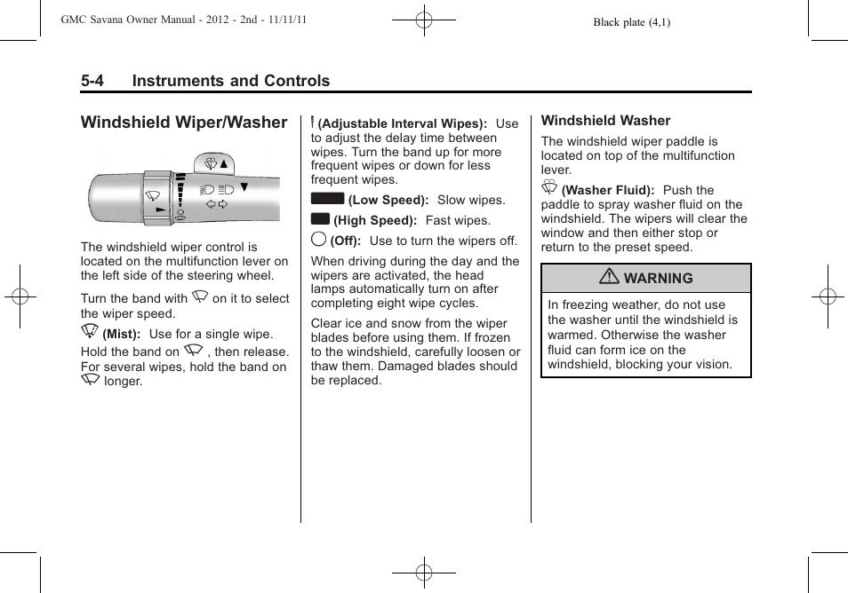 Windshield wiper/washer, Windshield wiper/washer -4 | GMC 2012 Savana User Manual | Page 118 / 424