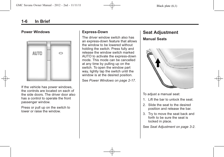 Seat adjustment, Seat adjustment -6, Fuel | GMC 2012 Savana User Manual | Page 12 / 424