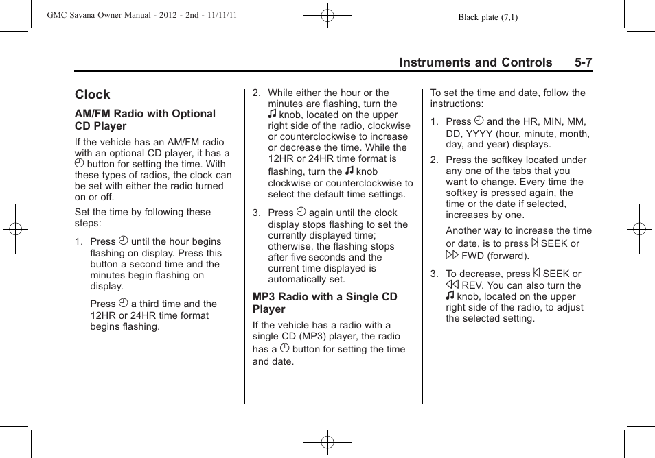 Clock, Clock -7, Antilock | GMC 2012 Savana User Manual | Page 121 / 424