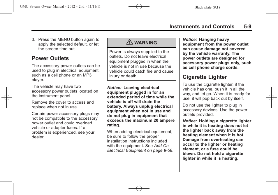 Power outlets, Cigarette lighter, Power outlets -9 cigarette lighter -9 | GMC 2012 Savana User Manual | Page 123 / 424