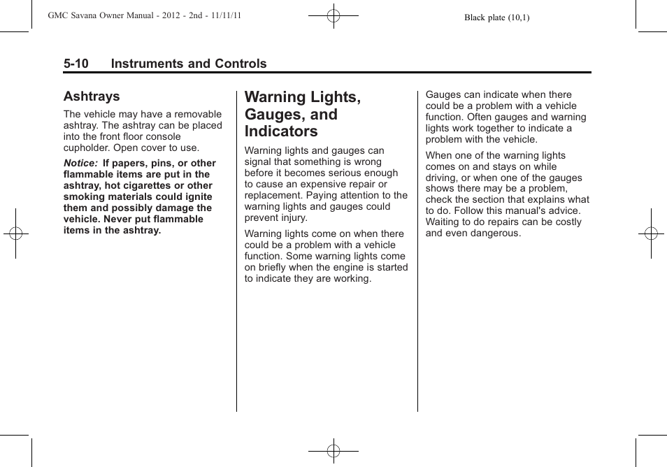 Ashtrays, Warning lights, gauges, and indicators, Gauges, and | Indicators -10, Ashtrays -10, Warning lights, gauges, and | GMC 2012 Savana User Manual | Page 124 / 424