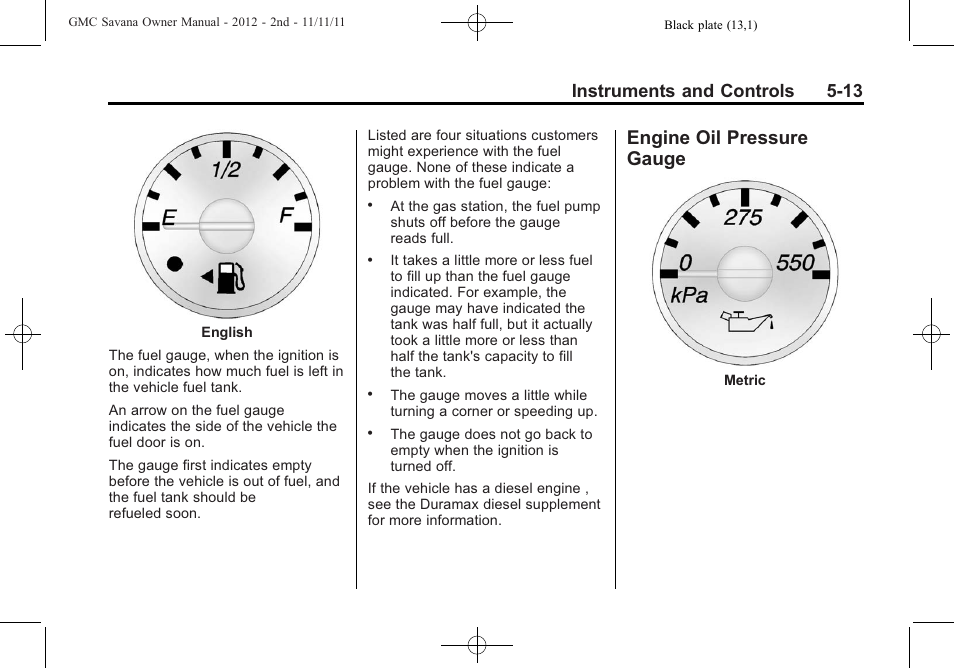 Engine oil pressure gauge, Engine oil pressure, Gauge -13 | Instruments and controls 5-13 | GMC 2012 Savana User Manual | Page 127 / 424