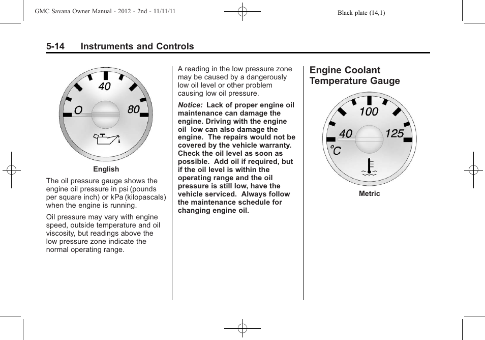 Engine coolant temperature gauge, Engine coolant temperature, Gauge -14 | GMC 2012 Savana User Manual | Page 128 / 424