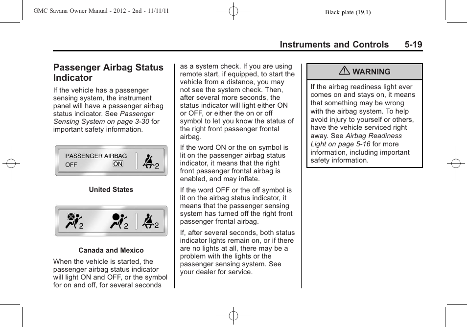 Passenger airbag status indicator, Passenger airbag status, Indicator -19 | GMC 2012 Savana User Manual | Page 133 / 424