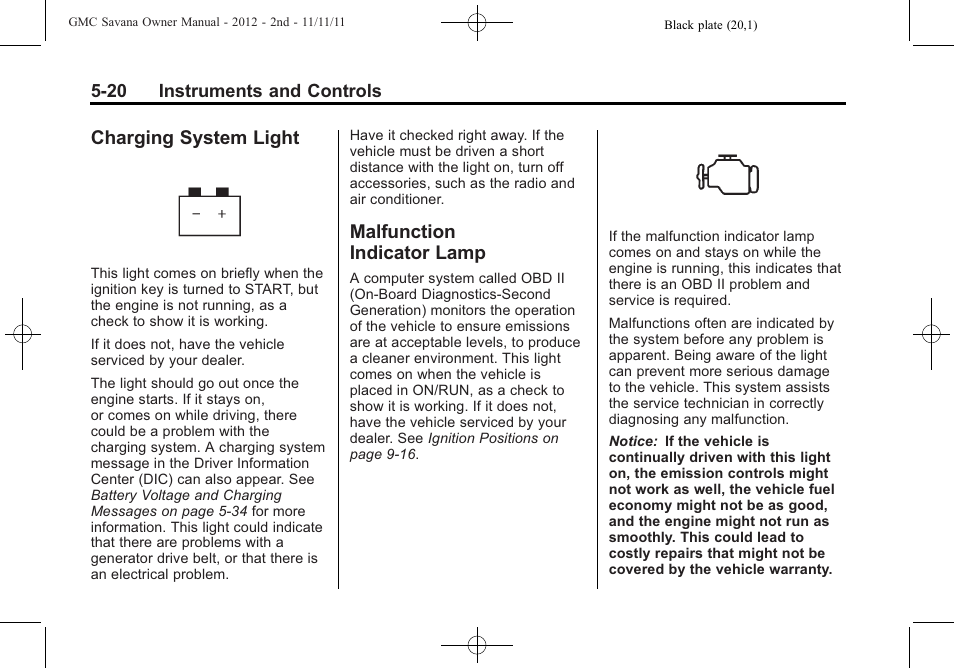 Charging system light, Malfunction indicator lamp, Charging system light -20 malfunction | Indicator lamp -20 | GMC 2012 Savana User Manual | Page 134 / 424