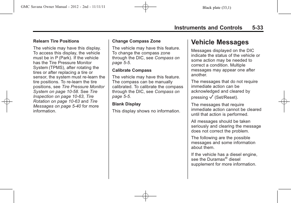 Vehicle messages, Vehicle messages -33, Ehicle messages -33 | Instruments and controls 5-33 | GMC 2012 Savana User Manual | Page 147 / 424