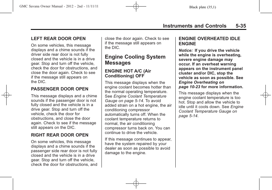 Engine cooling system messages, Engine cooling system, Messages -35 | GMC 2012 Savana User Manual | Page 149 / 424