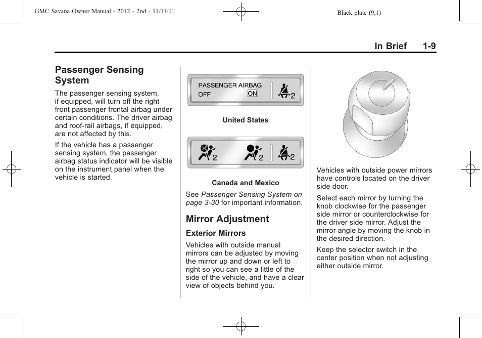 Passenger sensing system, Mirror adjustment, Passenger sensing system -9 mirror adjustment -9 | GMC 2012 Savana User Manual | Page 15 / 424