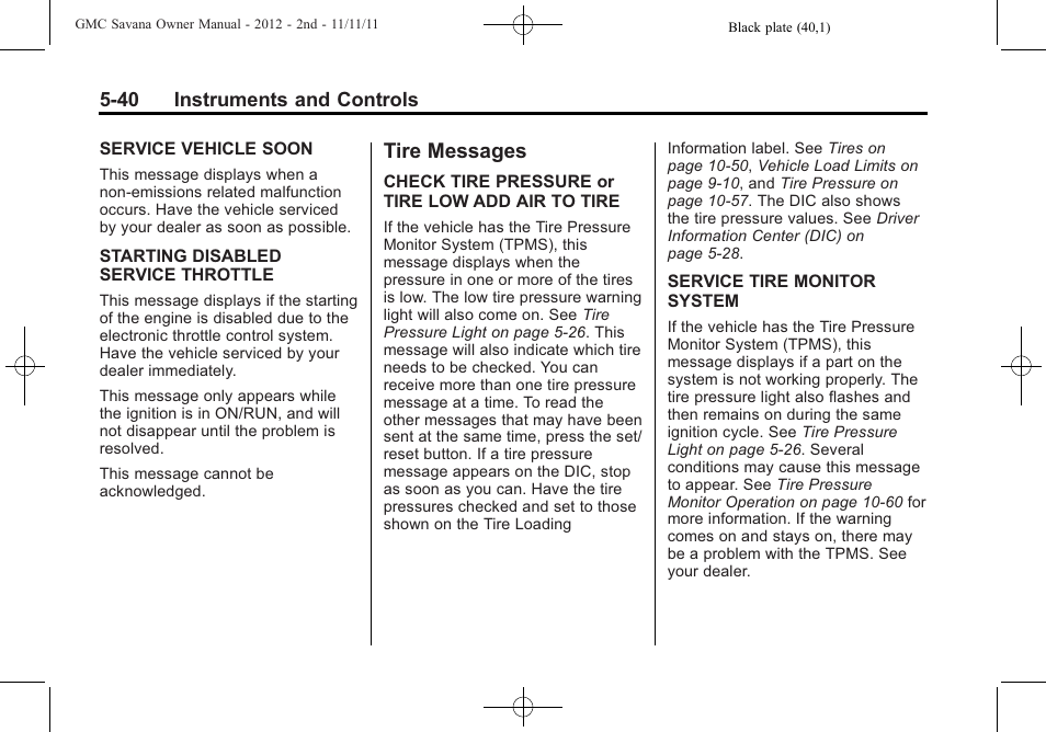 Tire messages, Tire messages -40 | GMC 2012 Savana User Manual | Page 154 / 424