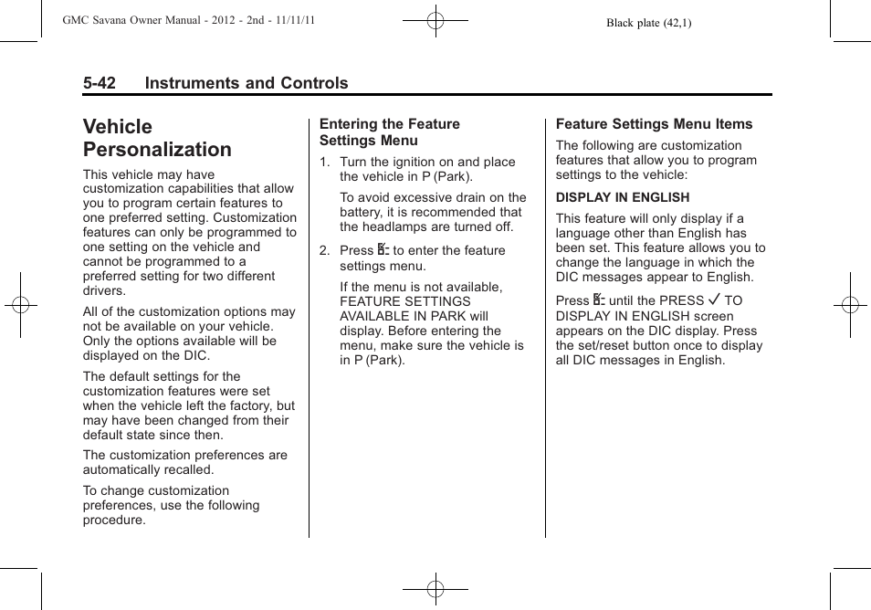 Vehicle personalization, Personalization -42 | GMC 2012 Savana User Manual | Page 156 / 424