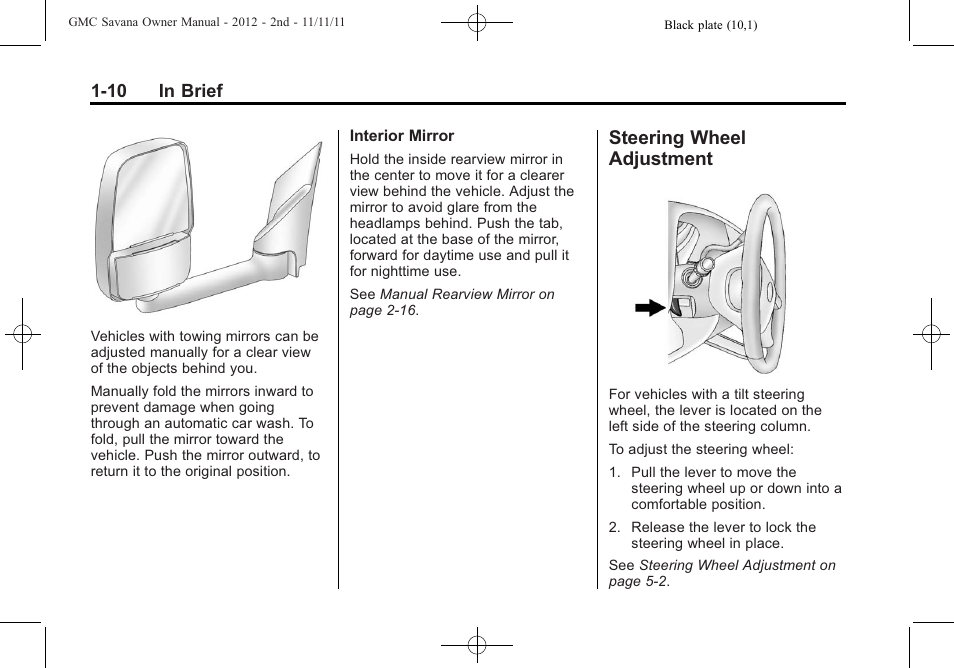 Steering wheel adjustment, Steering wheel, Adjustment -10 | GMC 2012 Savana User Manual | Page 16 / 424