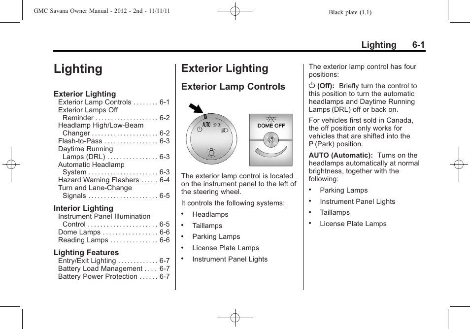 Lighting, Exterior lighting, Exterior lamp controls | Exterior lighting -1, Conversions and, Lighting 6-1 | GMC 2012 Savana User Manual | Page 163 / 424