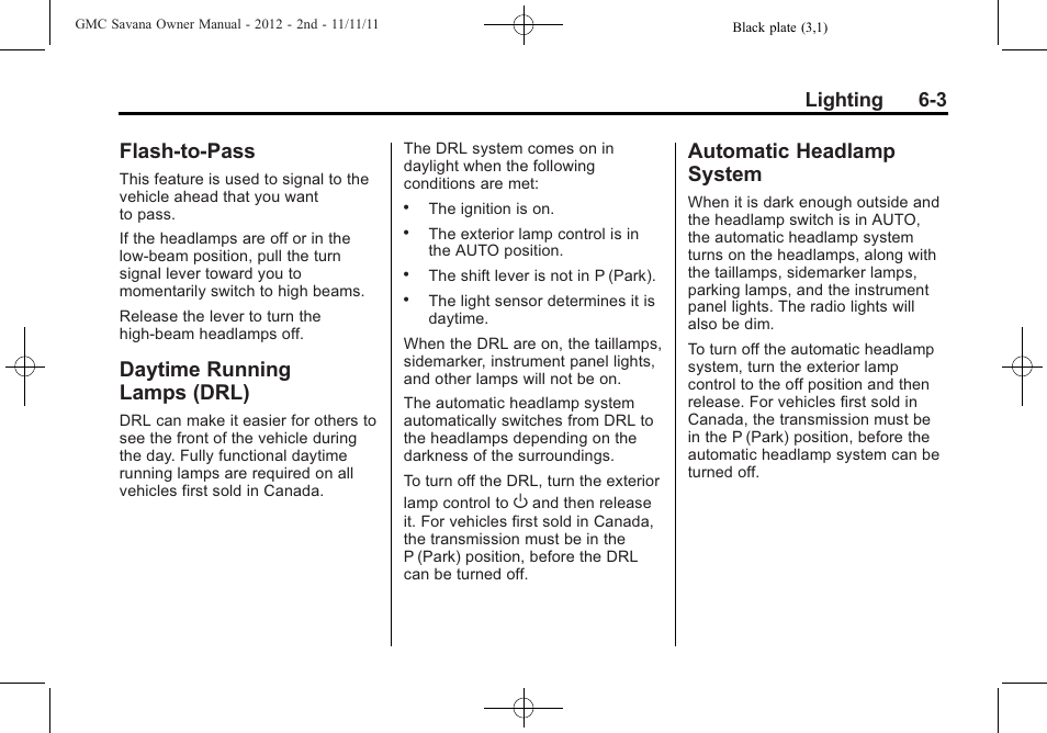 Flash-to-pass, Daytime running lamps (drl), Automatic headlamp system | Flash-to-pass -3 daytime running, Lamps (drl) -3, Automatic headlamp, System -3, Lighting 6-3 | GMC 2012 Savana User Manual | Page 165 / 424