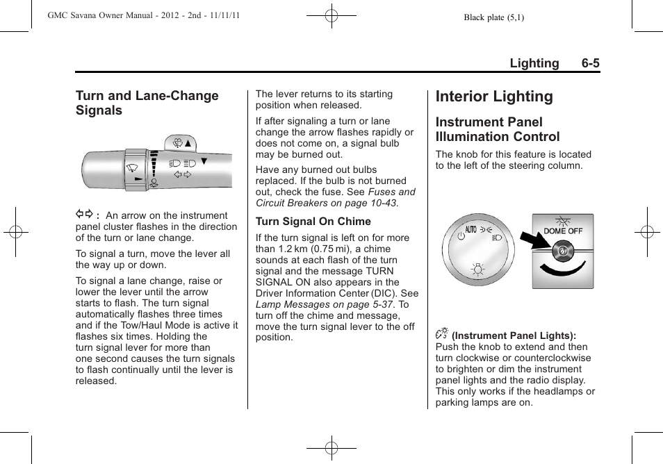 Turn and lane-change signals, Interior lighting, Instrument panel illumination control | Interior lighting -5, Turn and lane-change, Signals -5, Instrument panel illumination, Control -5 | GMC 2012 Savana User Manual | Page 167 / 424