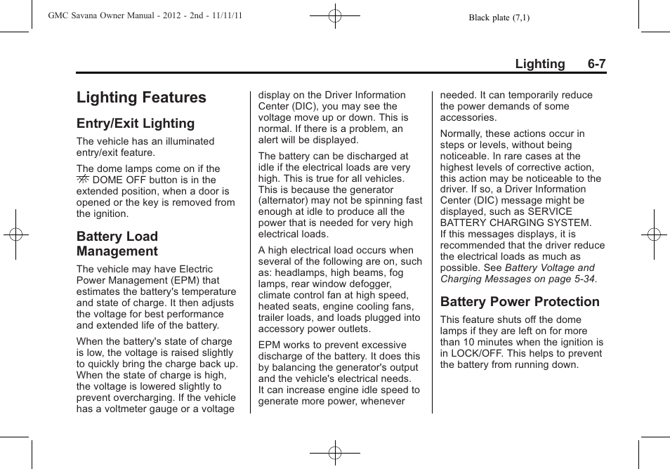 Lighting features, Entry/exit lighting, Battery load management | Battery power protection, Lighting features -7, General | GMC 2012 Savana User Manual | Page 169 / 424