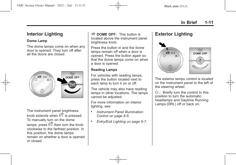 Interior lighting, Exterior lighting, Interior lighting -11 exterior lighting -11 | GMC 2012 Savana User Manual | Page 17 / 424