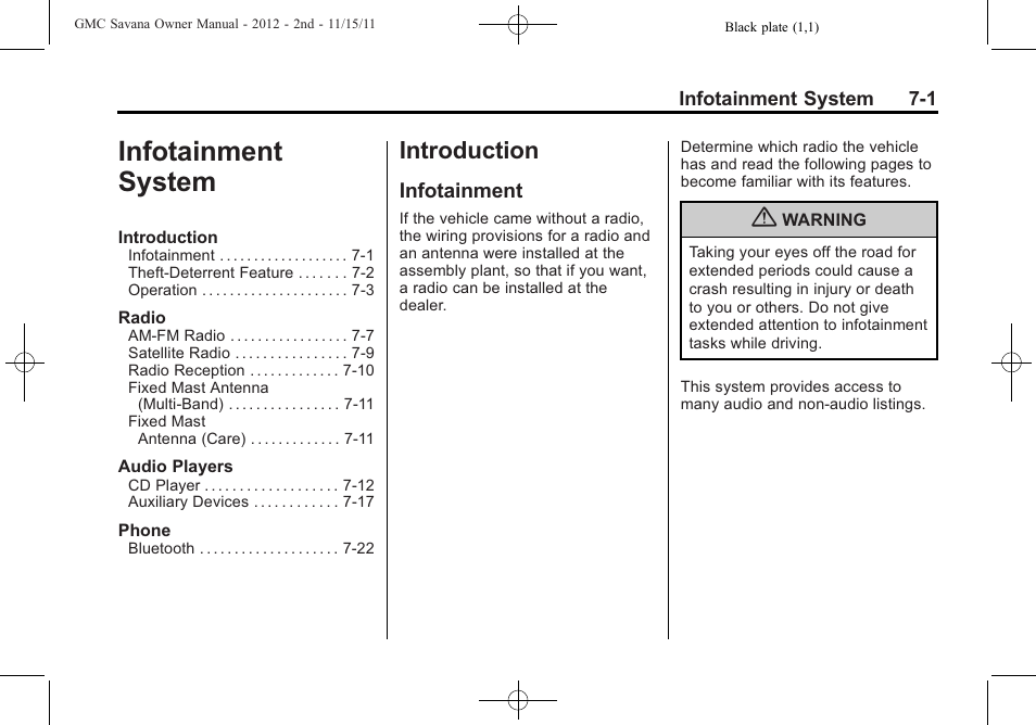 Infotainment system, Introduction, Infotainment | Infotainment system -1, Introduction -1, Bulb replacement | GMC 2012 Savana User Manual | Page 171 / 424