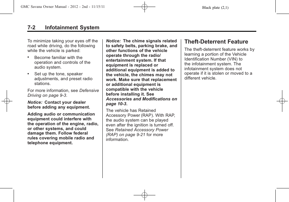 Theft-deterrent feature, Theft-deterrent feature -2, 2 infotainment system | GMC 2012 Savana User Manual | Page 172 / 424