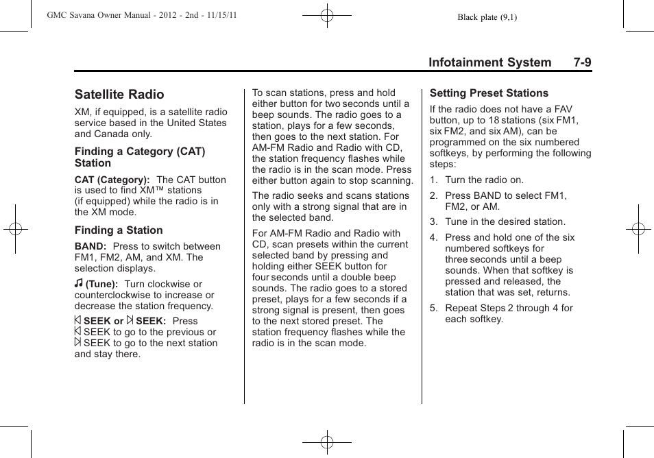 Satellite radio, Satellite radio -9 | GMC 2012 Savana User Manual | Page 179 / 424