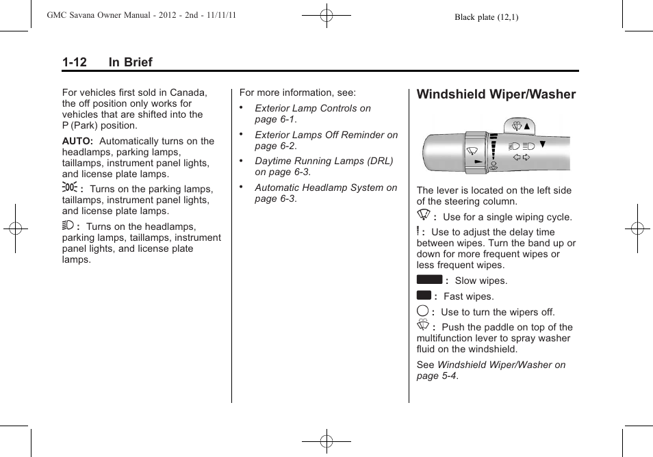 Windshield wiper/washer, Windshield wiper/washer -12 | GMC 2012 Savana User Manual | Page 18 / 424