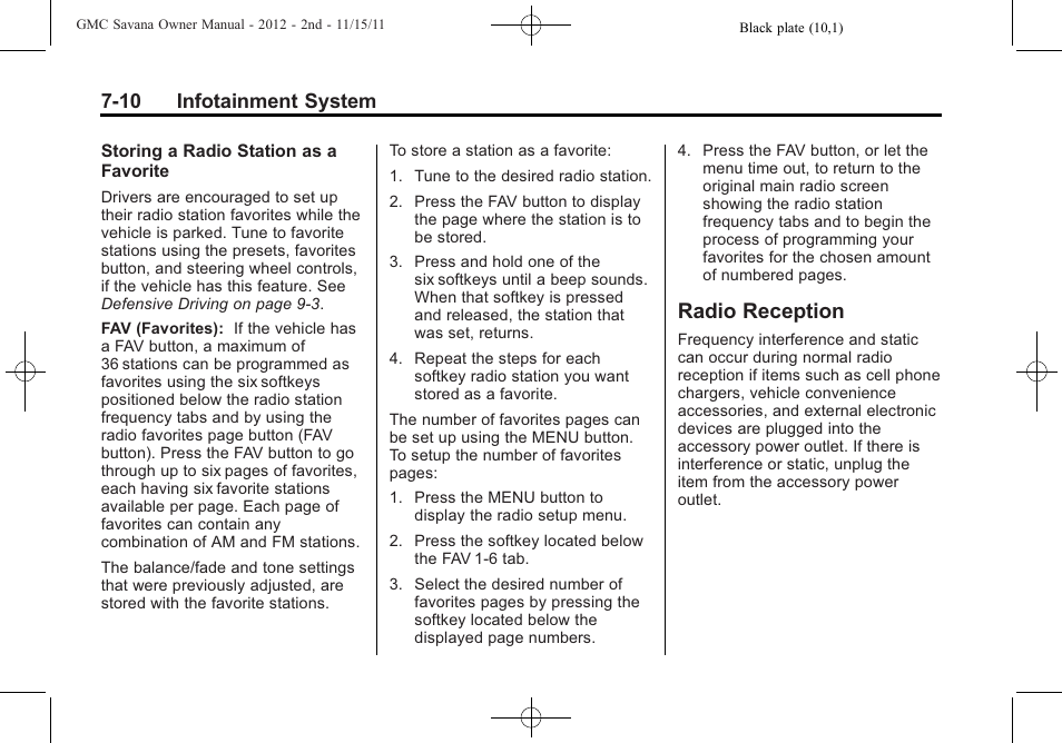 Radio reception, Radio reception -10, 10 infotainment system | GMC 2012 Savana User Manual | Page 180 / 424