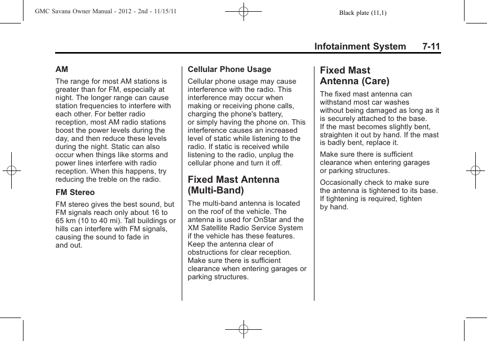 Fixed mast antenna (multi-band), Fixed mast antenna (care), Fixed mast antenna | Multi-band) -11, Fixed mast, Antenna (care) -11 | GMC 2012 Savana User Manual | Page 181 / 424