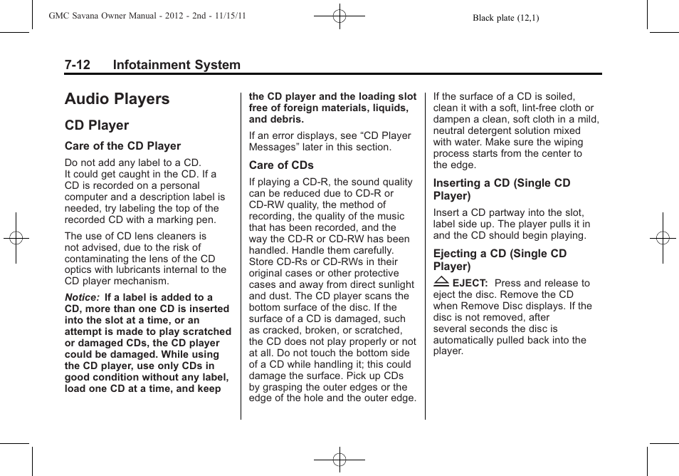 Audio players, Cd player, Audio players -12 | Wheels and tires, Cd player -12 | GMC 2012 Savana User Manual | Page 182 / 424