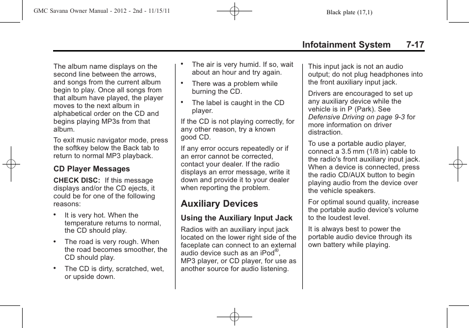 Auxiliary devices, Auxiliary devices -17, Infotainment system 7-17 | GMC 2012 Savana User Manual | Page 187 / 424