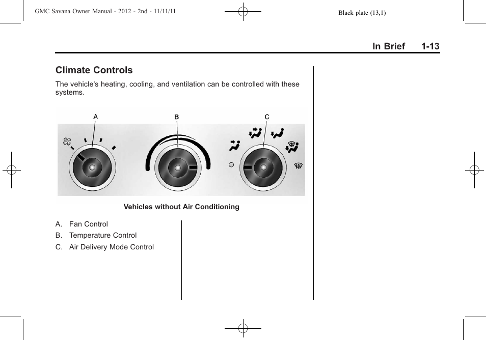 Climate controls, Climate controls -13 | GMC 2012 Savana User Manual | Page 19 / 424