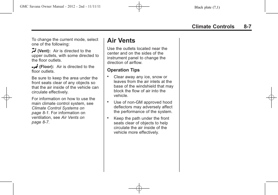 Air vents, Air vents -7, Climate controls 8-7 | GMC 2012 Savana User Manual | Page 207 / 424