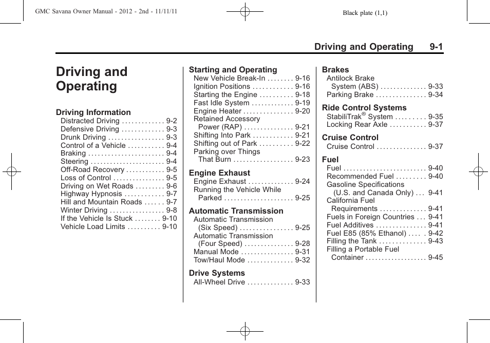 Driving and operating, Driving and operating -1, Driving and operating 9-1 | GMC 2012 Savana User Manual | Page 209 / 424