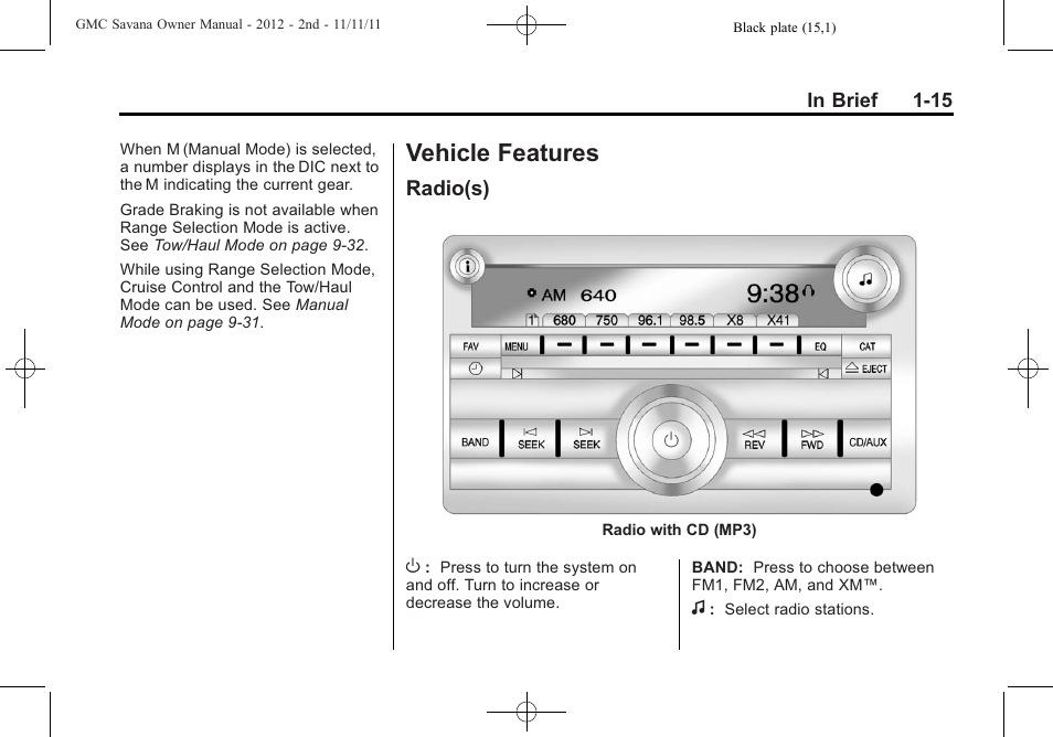 Vehicle features, Radio(s), Vehicle features -15 | Instruments and, Radio(s) -15 | GMC 2012 Savana User Manual | Page 21 / 424