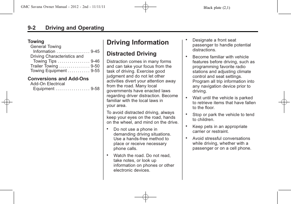 Driving information, Distracted driving, Information -2 | Distracted driving -2, 2 driving and operating | GMC 2012 Savana User Manual | Page 210 / 424