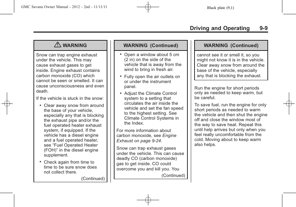 Driving and operating 9-9 | GMC 2012 Savana User Manual | Page 217 / 424