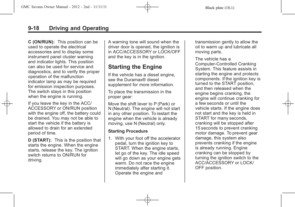 Starting the engine, Starting the engine -18, 18 driving and operating | GMC 2012 Savana User Manual | Page 226 / 424