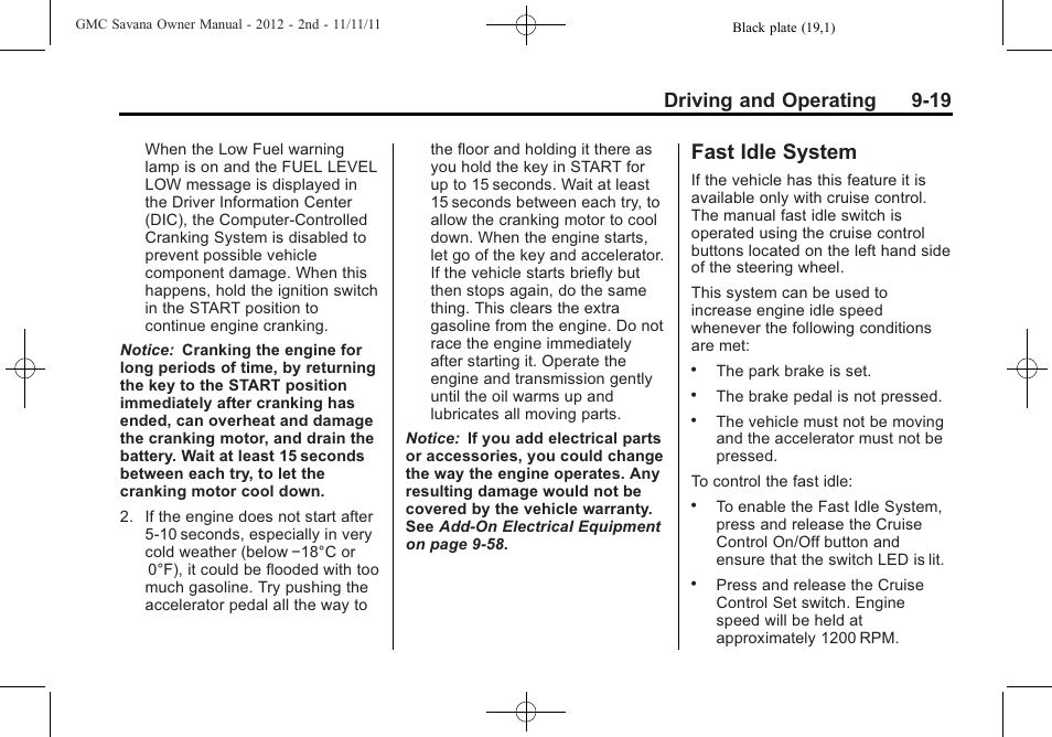 Fast idle system, Fast idle system -19, Driving and operating 9-19 | GMC 2012 Savana User Manual | Page 227 / 424