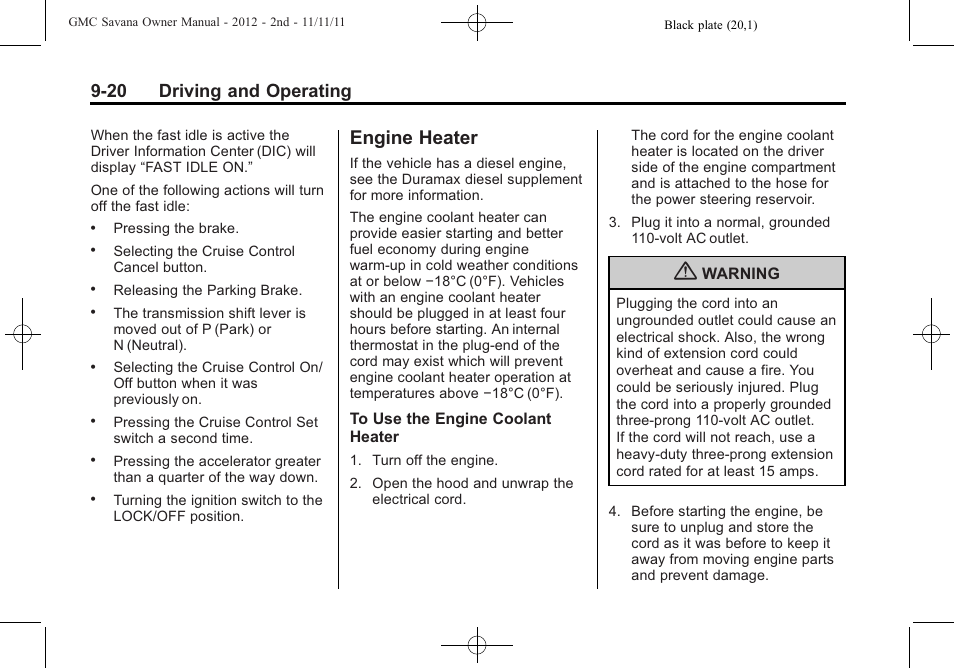 Engine heater, Engine heater -20, Ride | 20 driving and operating | GMC 2012 Savana User Manual | Page 228 / 424