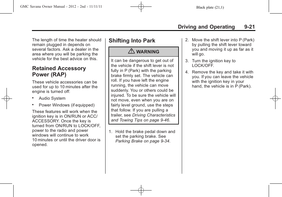 Retained accessory power (rap), Shifting into park, Retained accessory | Power (rap) -21, Shifting into park -21, Cruise | GMC 2012 Savana User Manual | Page 229 / 424