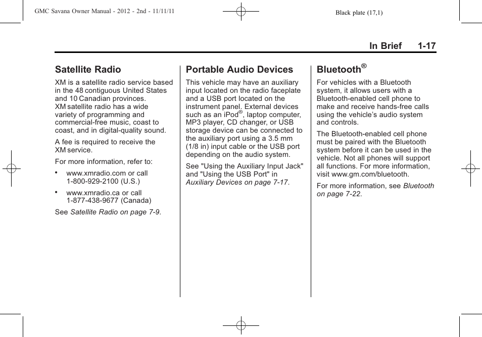 Satellite radio, Portable audio devices, Bluetooth | GMC 2012 Savana User Manual | Page 23 / 424