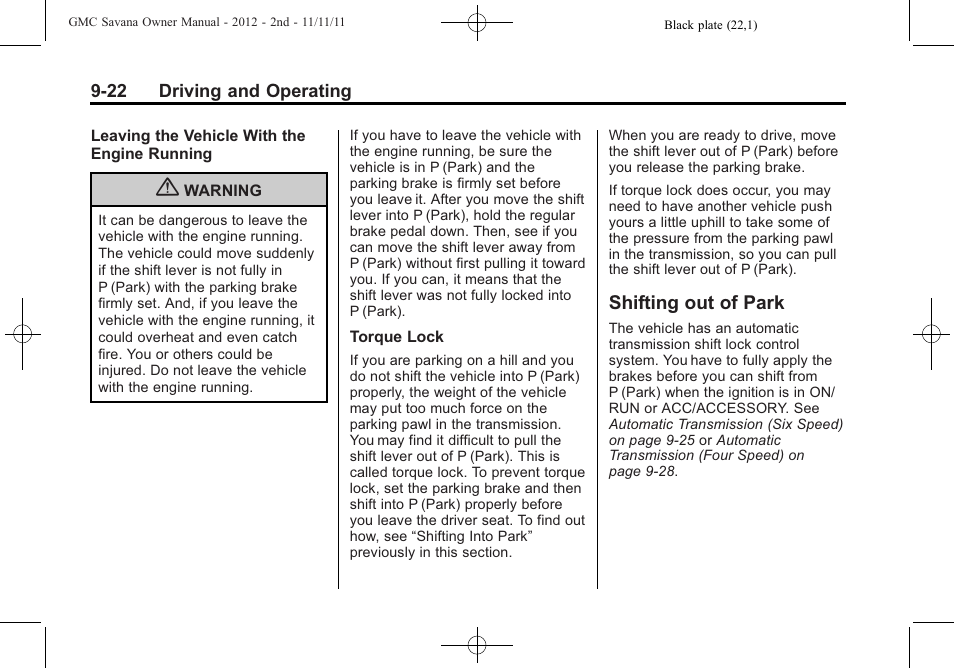 Shifting out of park, Shifting out of park -22 | GMC 2012 Savana User Manual | Page 230 / 424