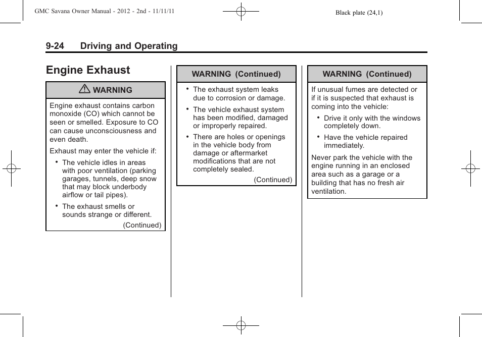 Engine exhaust, Engine exhaust -24, 24 driving and operating | GMC 2012 Savana User Manual | Page 232 / 424